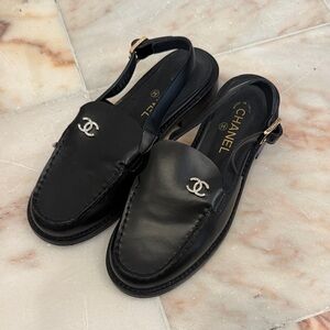 CHANEL Black Leather Slip-On Loafers